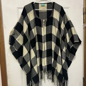 Plaid Black and Cream Poncho
